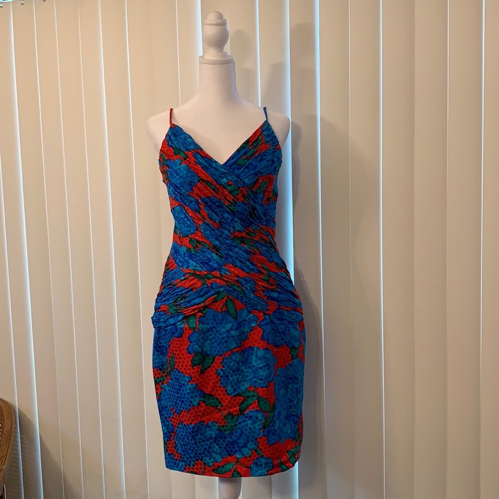 Silk print polka dot dress with ruched detail